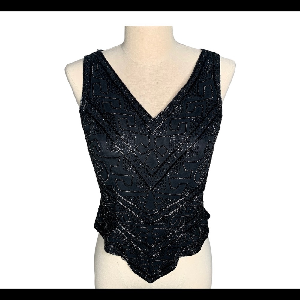 Silk beaded Black Shirt Zipper Back size S/M